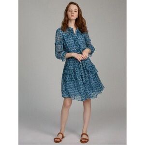 GUC SALONI- Tilly Ruffle Silk Dress in Filigree Batik Blue. Size 8